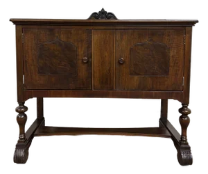 Vintage Jacobean Style Oak Burled Sideboard Buffet Server Credenza