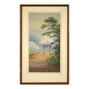 Early 20th Century Japanese Landscape Watercolor With Torii Gate by Shumin Ota