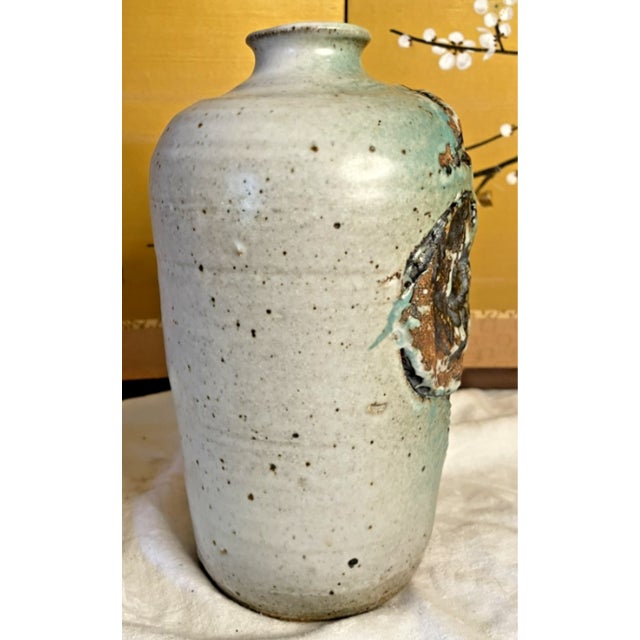 20th C. MCM Brutalist Pale Green Floral Ceramic Studio Vase, Signed For Sale - Image 6 of 6