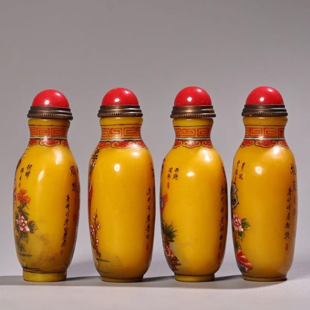 Asian Set of 4 Antique Yellow Glass Snuff Bottles With Four Beauties, 480g Total For Sale - Image 3 of 8