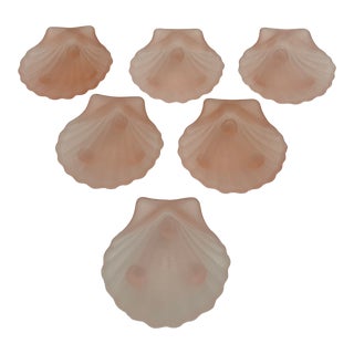 1980s Pink Frosted Glass Sea Shell Trinket Nut Candy Dishes - Set of 6 For Sale