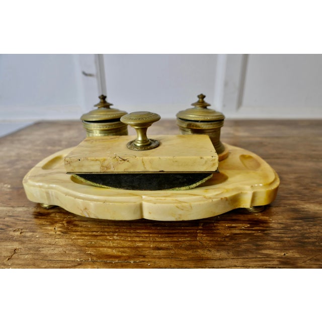 French Brass and Marble Desk Inkwell Stand, Set of 6 For Sale - Image 5 of 8
