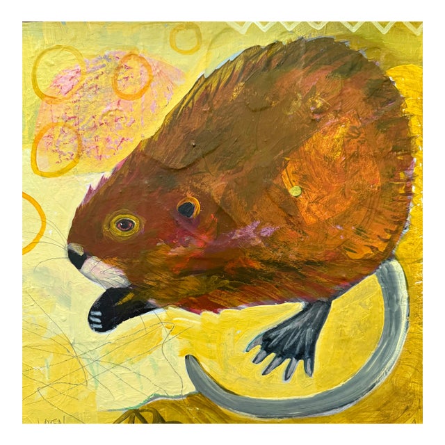 "Muskrat on Yellow" a Fun Painting by LWren Walraven For Sale