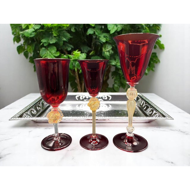 Venetian Ruby ​​and Gilt Murano Glass Goblets, Set of 3 For Sale - Image 12 of 13