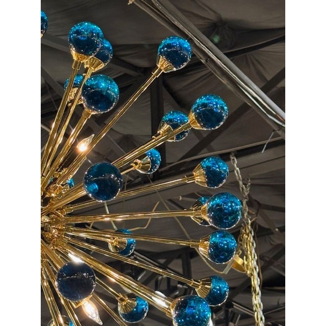 Modern Electric Blue and Brass Murano Glass Chandelier For Sale In Dallas - Image 6 of 6