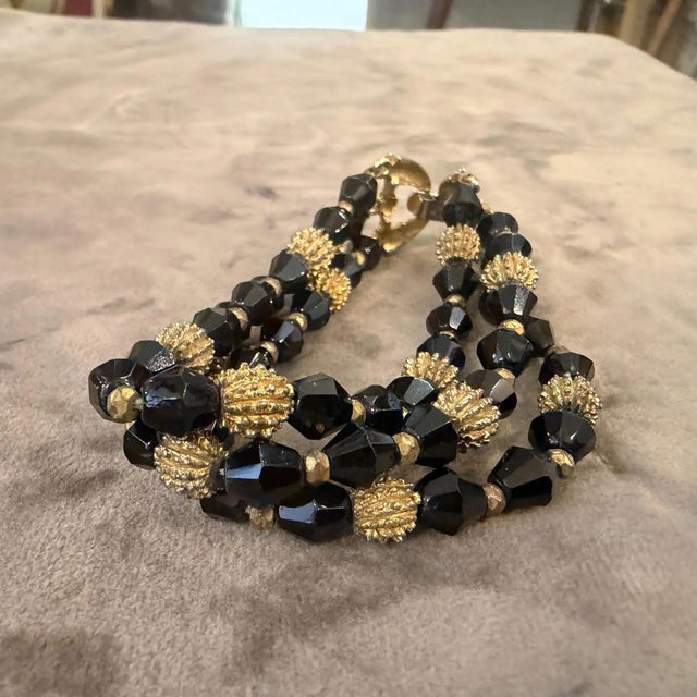 Trifari 1980s Art Deco Style Black Cristal and Brass Multi Strand Bracelet by Trifari For Sale - Image 4 of 10