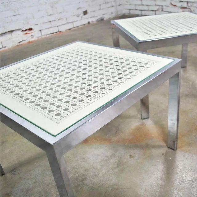 Mid-Century Modern to Modern Side Tables Chrome and White Cane Square Glass Top, a Pair For Sale - Image 6 of 13