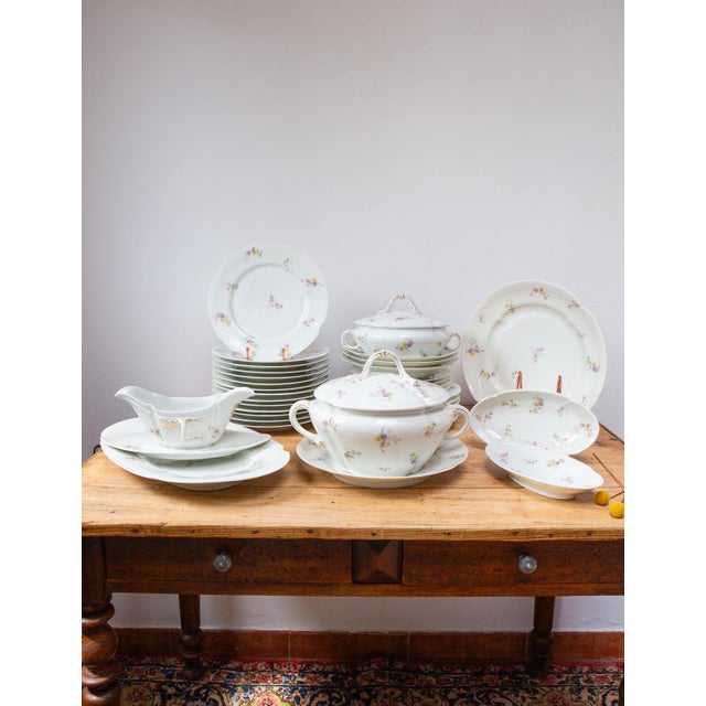 Antique French Porcelain Dinnerware with Flowers from Limoges, 1920s-1930s, Set of 39 For Sale - Image 14 of 14