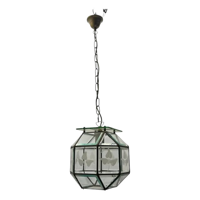 Vintage Etched Glass Bronze Light Pendant, 1950s For Sale