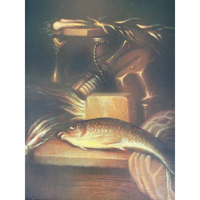1990s Original Still Life With Fish Trout Oil Painting in Antique Frame For Sale - Image 4 of 4