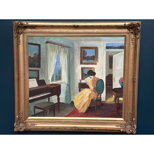 V. Hansen, Interior with Reading Woman, 1960s, Oil Painting on Canvas, Framed For Sale - Image 17 of 17