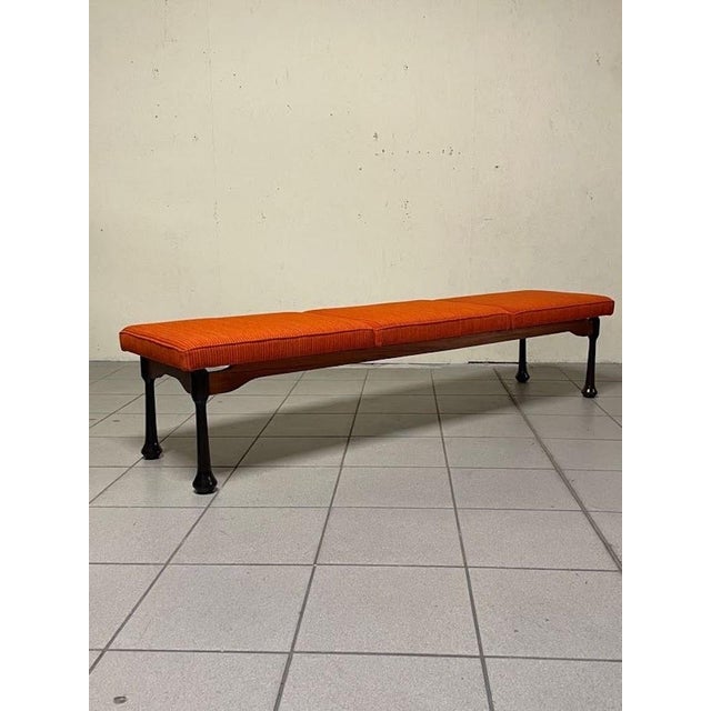 1960s Long Bench in Stained Wood and Fabric, 1960s For Sale - Image 5 of 15