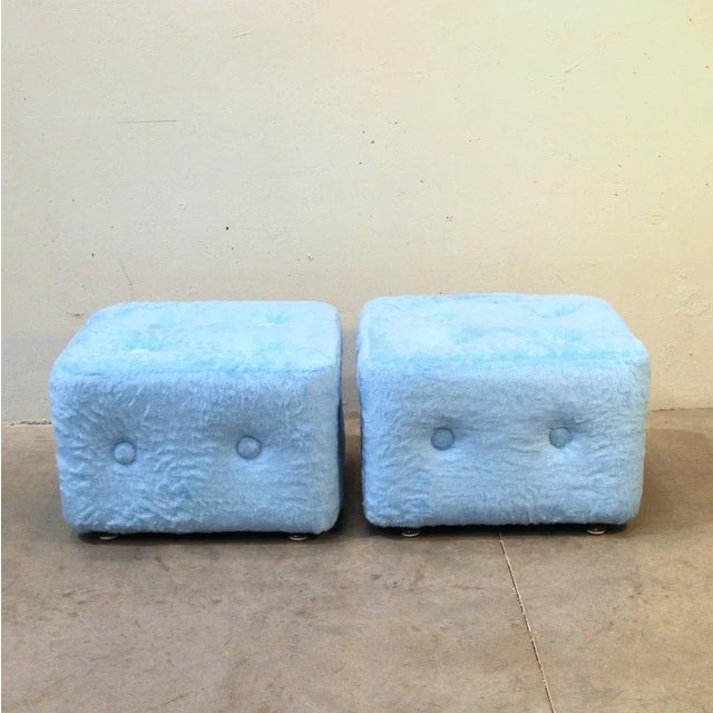 1970s Set of Blue Plush Ottomans, 1970s For Sale - Image 5 of 5