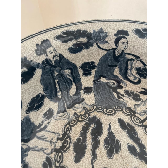 Antique Chinese Eight Immortals Blue & White Crackled Glass Ceramic Bowl, Marked For Sale - Image 4 of 10