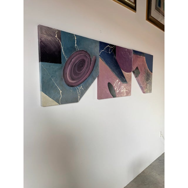 Bold, architectural, and unapologetically expressive, this striking set of three abstract paintings from the 1980s...