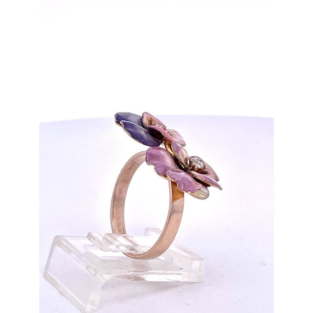 Antique 14k Yellow Gold Double Pansy Brooch With Diamonds, Circa 1960s, Size 6.25 For Sale - Image 4 of 8