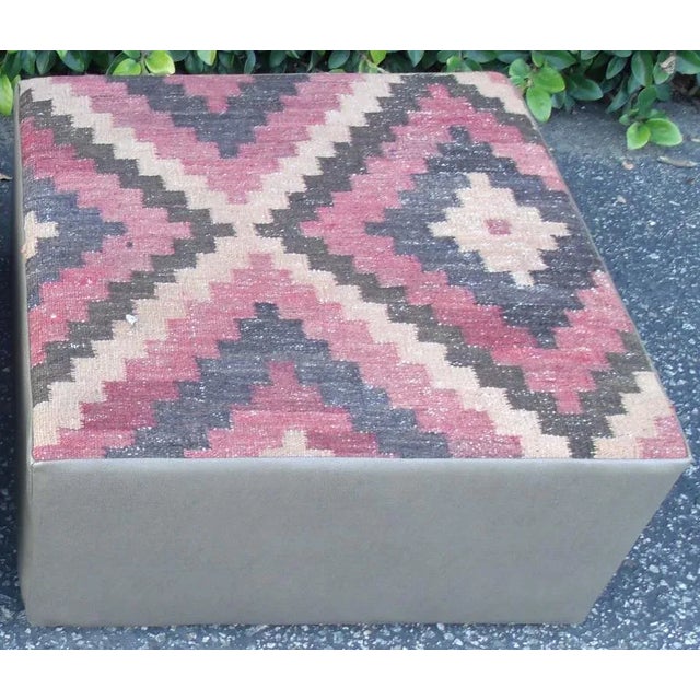 Contemporary Modern Kelim Rug Top Ottoman Pouf For Sale - Image 3 of 4