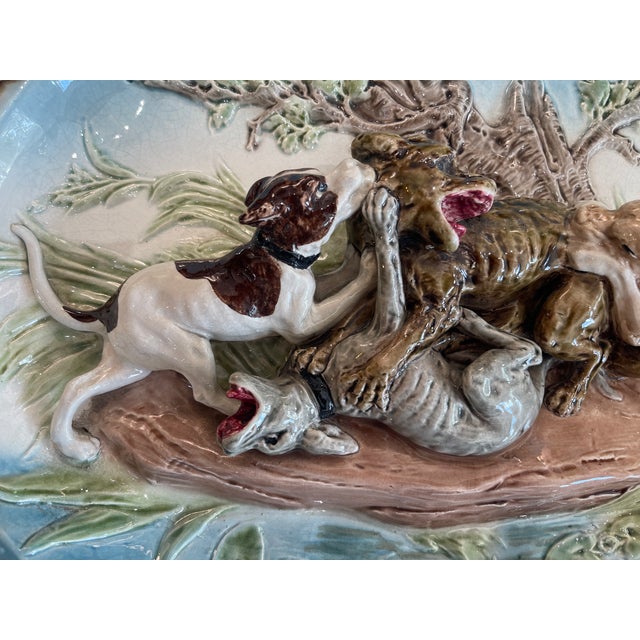 Rare 19th Century French Sarreguemines Majolica "The Hunt of the Wolves" Barbotine Platter, Rare Turquoise Color. For Sale - Image 16 of 17