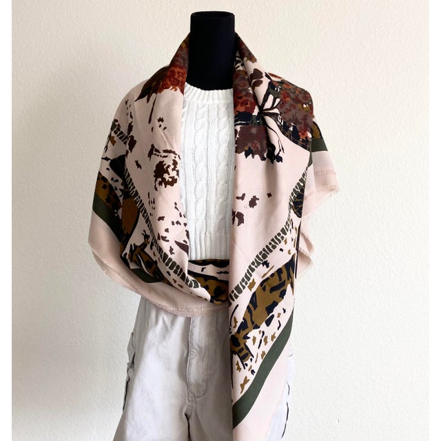 Vivid, luxurious, signed wool extra large scarf/wrap. Incredible color palette of forest green, rust, persimmon, mustard,...