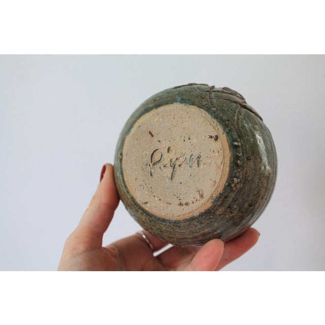 Light Green Vintage Textured Studio Art Pottery Vessel Signed For Sale - Image 8 of 9