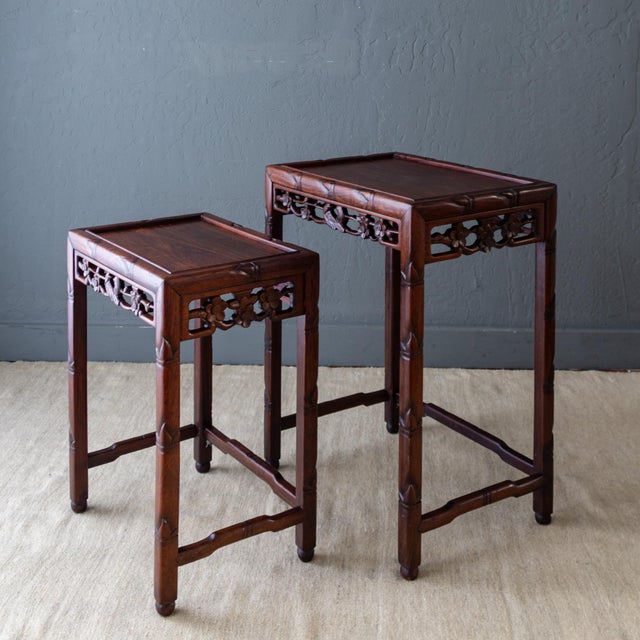 Wood Asian Rosewood Nesting Tables With Carved Bamboo Bird and Flower Fretwork For Sale - Image 7 of 18