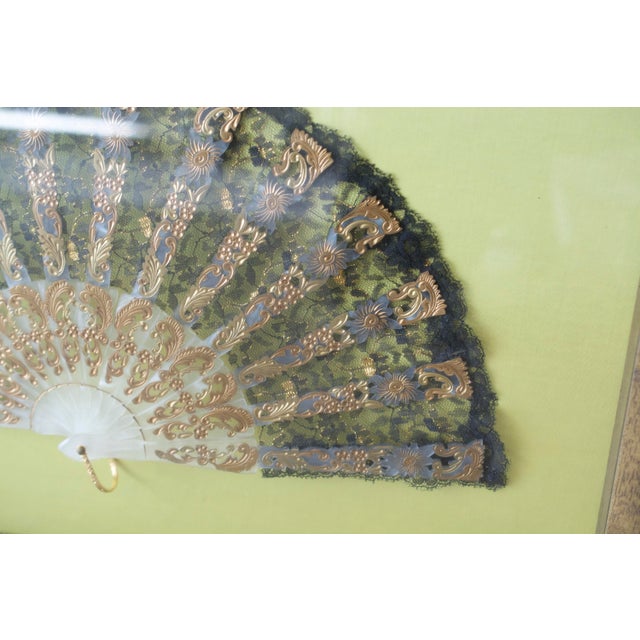 Wood Victorian Lace Fan in Chartreuse Framed Shadowbox For Sale - Image 7 of 11