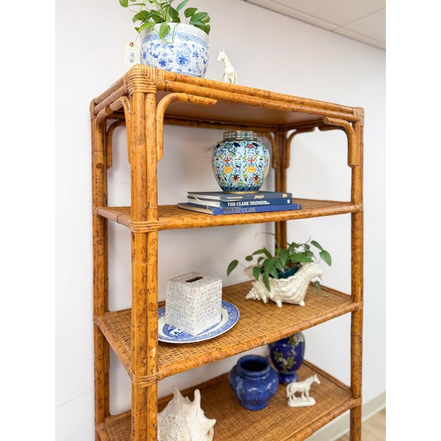 Late 20th Century Vintage Coastal Hollywood Regency Tortoise Bamboo Shelf, Wicker Shelving For Sale - Image 5 of 14