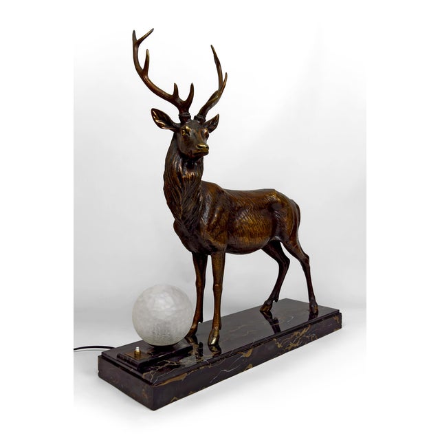 Important sculptural lamp in bronze and marble – deer, art deco – france, circa 1930 an exceptional and rare lighting...