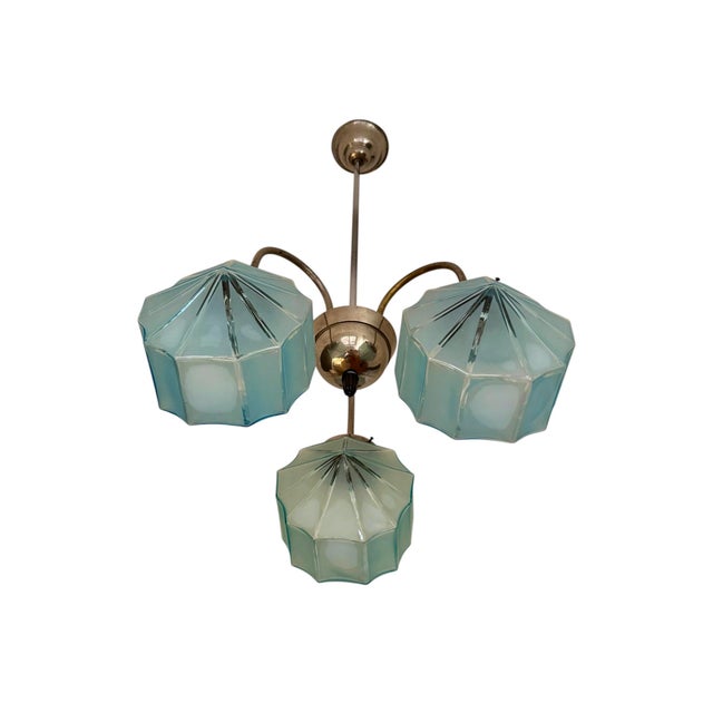 Metal Art Deco 3-Armed Chandelier with Blue Glass Shades, Europe, 1930s For Sale - Image 7 of 11