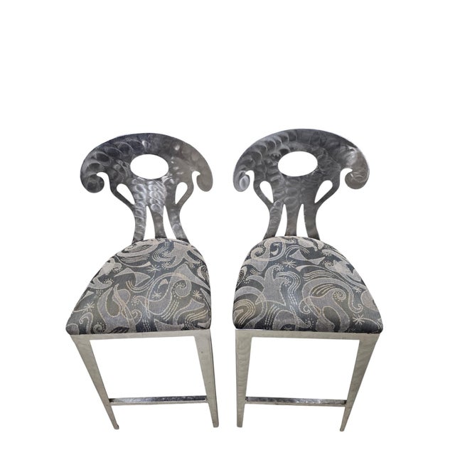 Vintage Memphis Style Hammered Metal Counter Stools - Set of 4 Striking set of four Postmodern counter-height chairs...