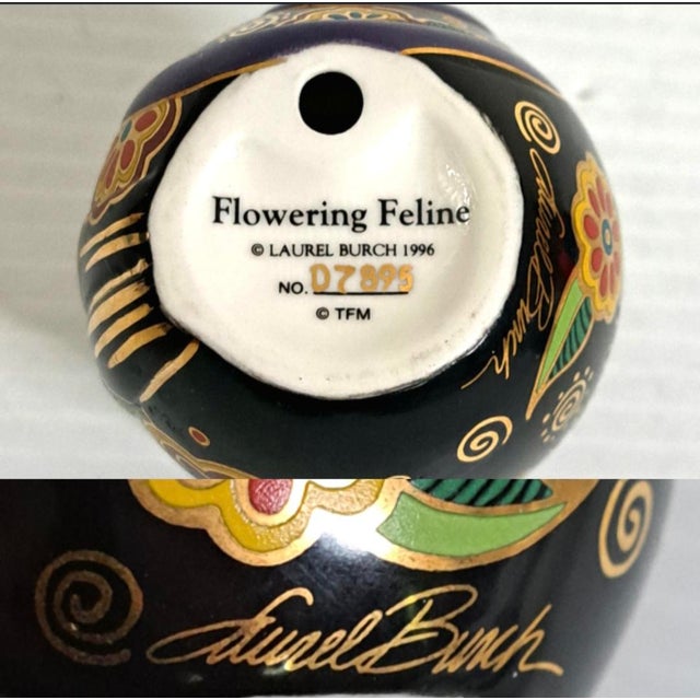 1996 Laurel Burch “Flowering Feline” Ceramic Cat With Japanese Washi Eggs For Sale In West Palm - Image 6 of 11
