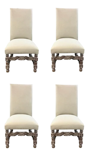 Transitional High Back Carved Wood Beige Linen Dining Chairs Set of Four