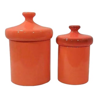 1960s Mid-Century Modern Orange Ceramic Canisters - a Pair For Sale