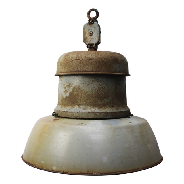 Vintage Industrial Light Gray Enamel and Cast Iron Train Station Pendant Light from Pötter & Schütze GMBH For Sale