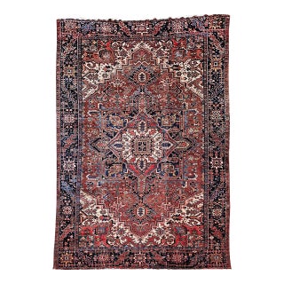Antique Persian Heriz Karajeh Rug, Hand-Knotted Wool, Geometric Design, Brick & Navy, 9x12 For Sale