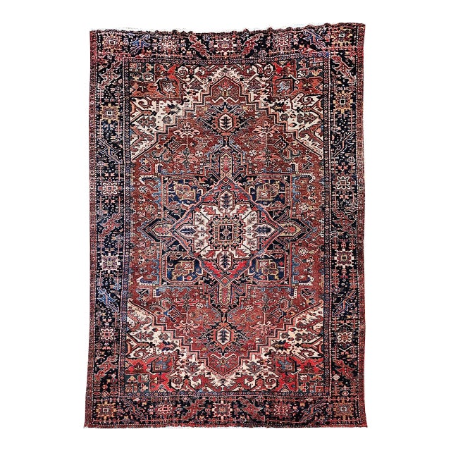 Antique Persian Heriz Karajeh Rug, Hand-Knotted Wool, Geometric Design, Brick & Navy, 9x12 For Sale
