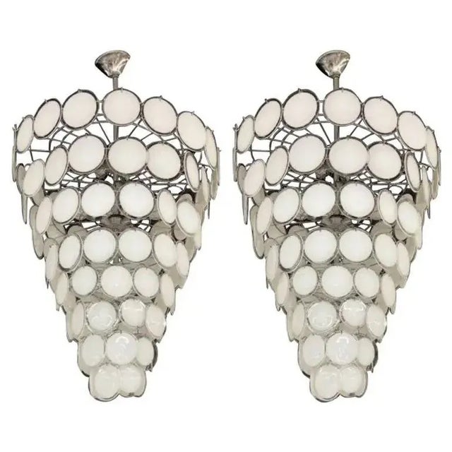 Pair Murano Disc Mid-Century Modern Tiered Chandelier, Antique Brass, Monumental For Sale - Image 4 of 13