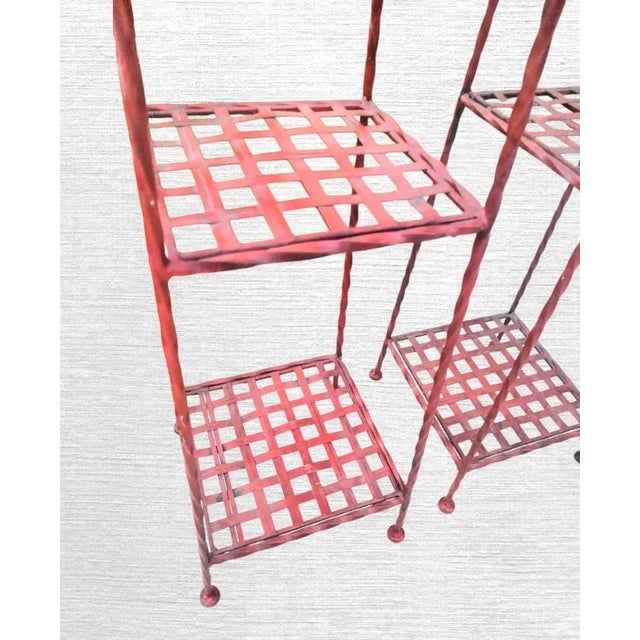 1990s Vintage Tall Red Decorative Iron Pagoda Shaped 2 Shelf Room Decor Small Etagere's- A Pair For Sale - Image 5 of 8