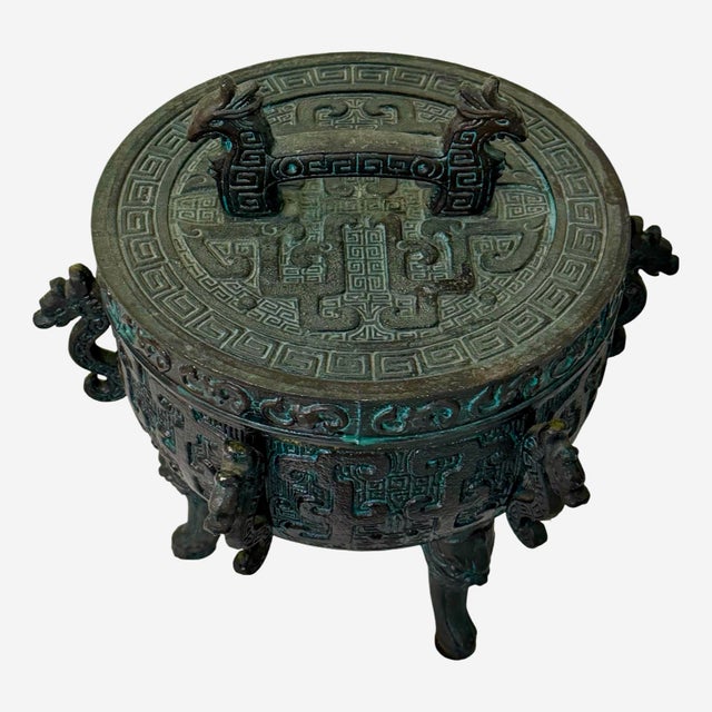 Mid-Century Modern Vintage James Mont Style Chinese Archaic Tripod Ice Bucket With Dragon Handles For Sale - Image 3 of 10