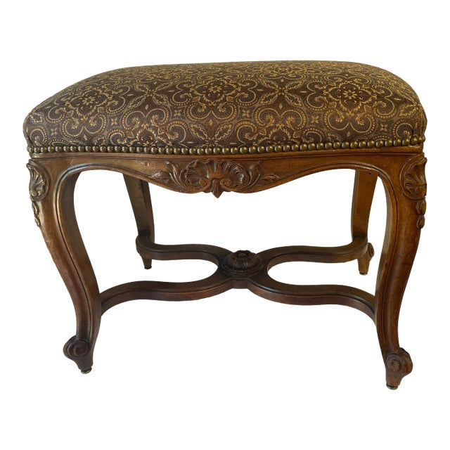 French Carved Wood Upholstered Bench For Sale