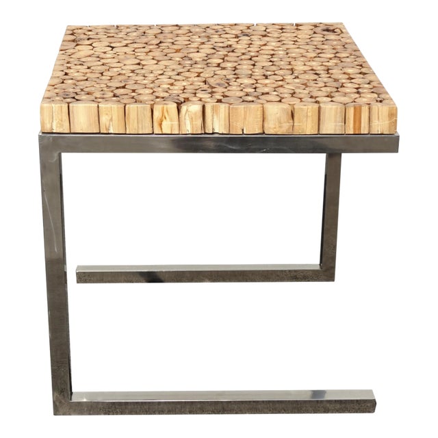 Contemporary Modern Wood Slice Side End Table W Chrome Base For Sale