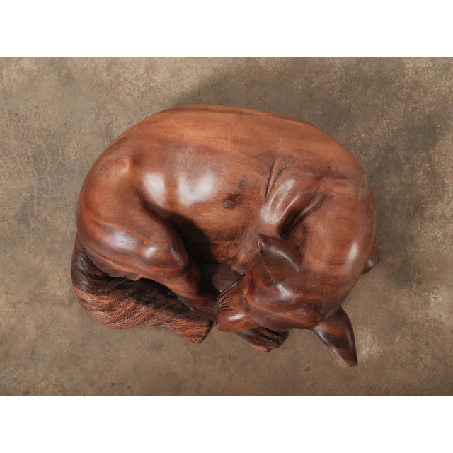 Rustic Hand-Carved Wooden Sleeping Dog Sculpture in Curled Resting Pose For Sale - Image 3 of 6