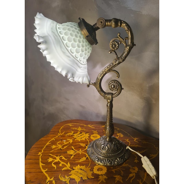 Antique Bronze Lamp with White Opaline Lampshade, 1900s For Sale - Image 9 of 9
