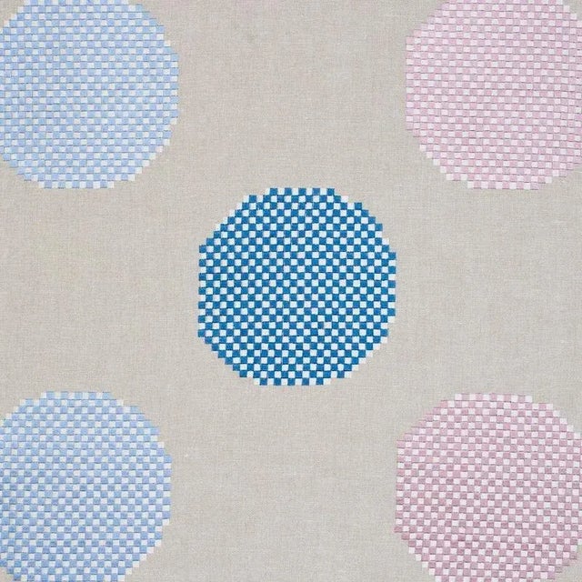 Schumacher Hansen Embroidery Fabric in Blue & Lilac For Sale