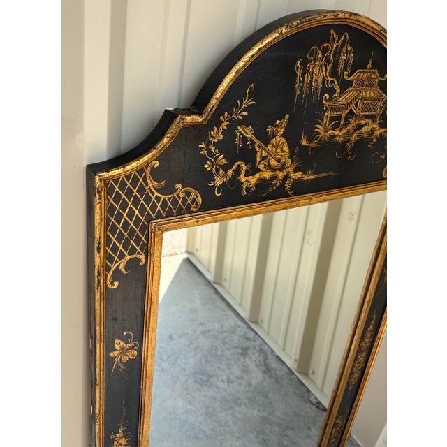 Chinoiserie Vintage Italian Hollywood Regency Chinoiserie Black & Gilt Lacquer Wall Mirror For Sale - Image 3 of 12