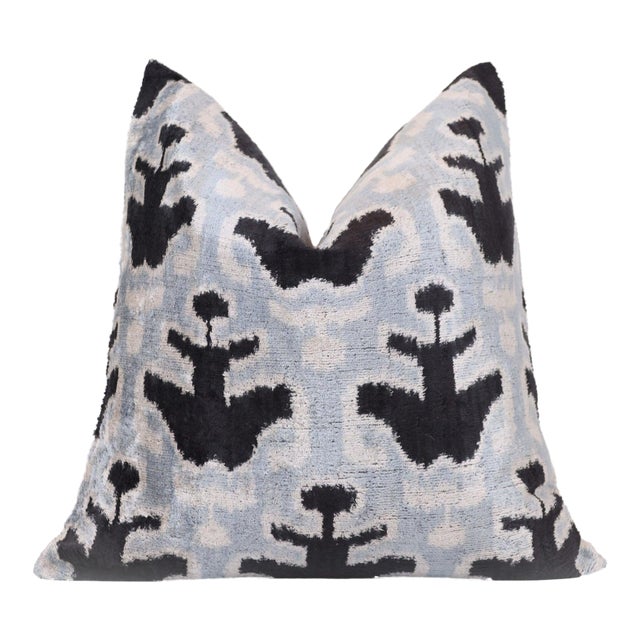 Light Blue Black Silk Velvet Pillow – 20x20 Handmade Ikat Throw Cushion For Sale