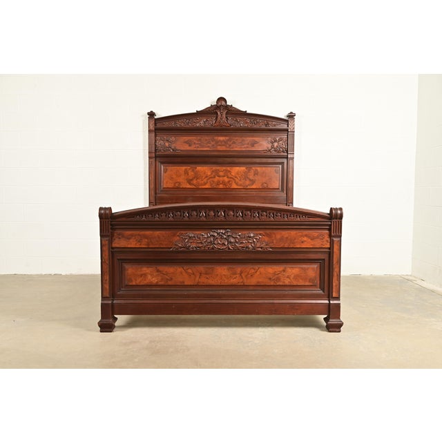 Victorian Bernheimer Collection Antique Eastlake Victorian Carved Walnut and Burl Wood Queen Size Bed, Circa 1880s For Sale - Image 3 of 11