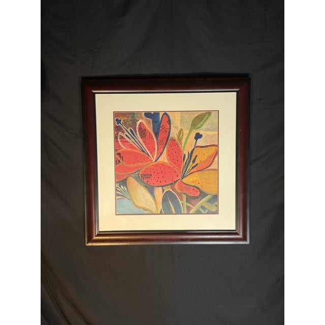 Bold colorful floral abstract artwork featuring bright red, orange, yellow, green, blue, and cream tones. The piece has a...