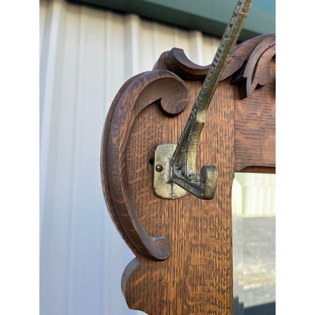 Antique Tall Tiger Oak Hall Seat With Mirror For Sale - Image 10 of 12