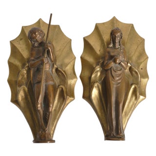 Art Nouveau Brass Wall Sculptures of Saint George, Princess & Dragon, Set of 2 For Sale